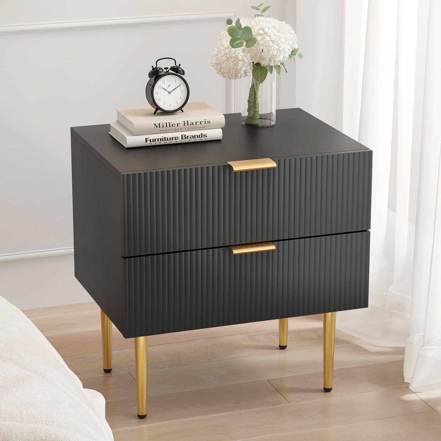 Smuxee Modern Nightstand with 2 Wave Pattern Drawer,End Tables Side Tables for Bedroom,Black