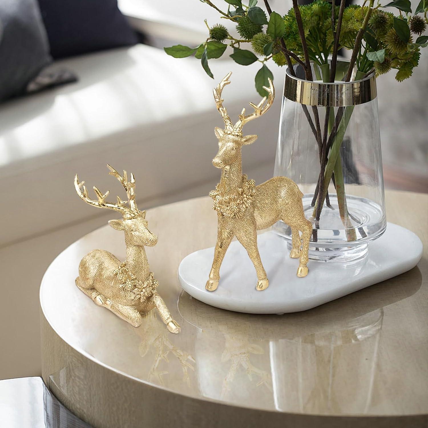 Gold Resin Winter Deer Statues Set of 2