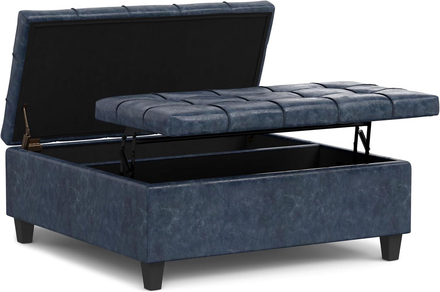 Denim Blue Tufted Vegan Leather Storage Ottoman Coffee Table