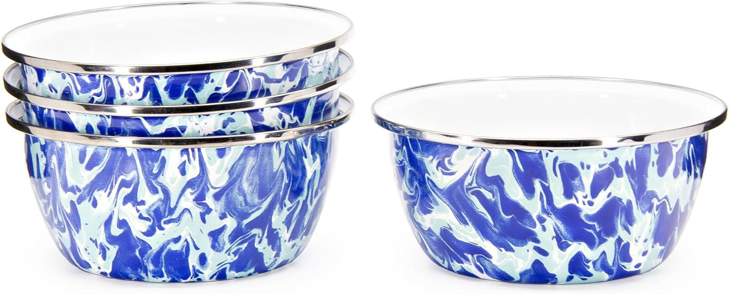 Set of 4 Blue and White Enamelware Salad Bowls