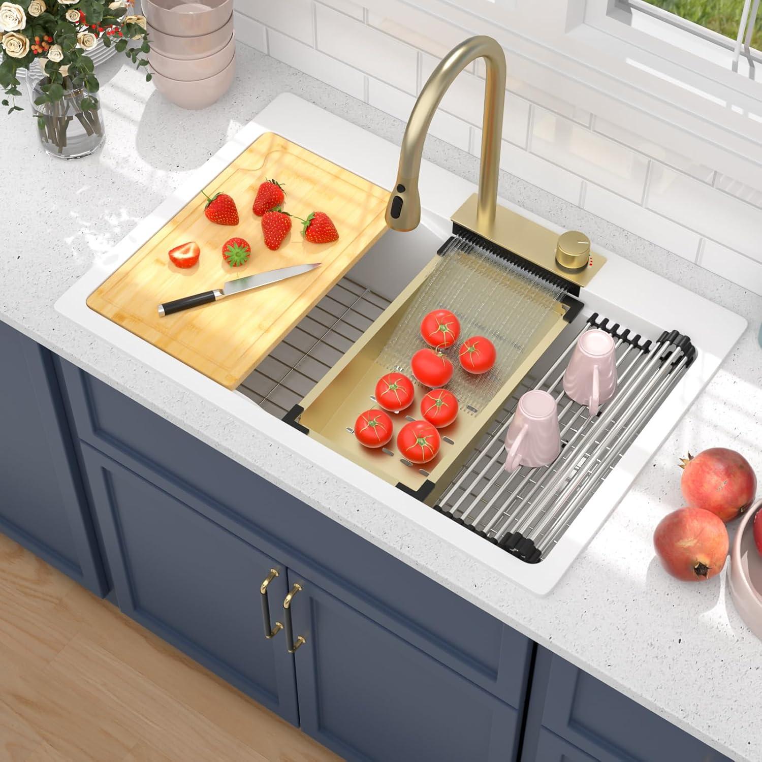 33 Granite Composite Kitchen Sink - 33x22 Inch Black Granite Kitchen Sinks Drop In Black Quartz Sink Ledge Workstation Classic Above Counter Single Bowl Sinks Basin