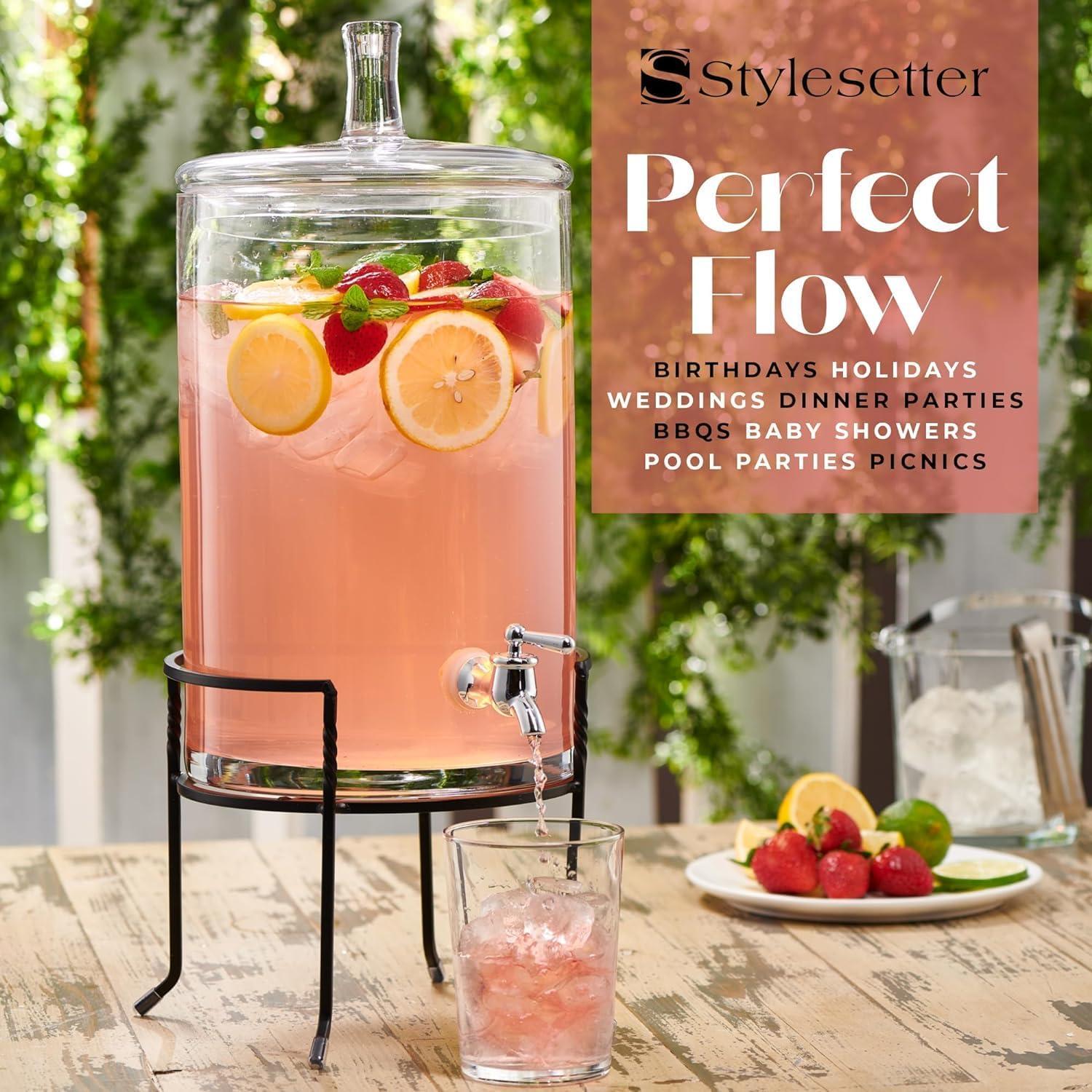 Clear Glass Beverage Dispenser with Metal Stand and Lid, 2.5 Gallons