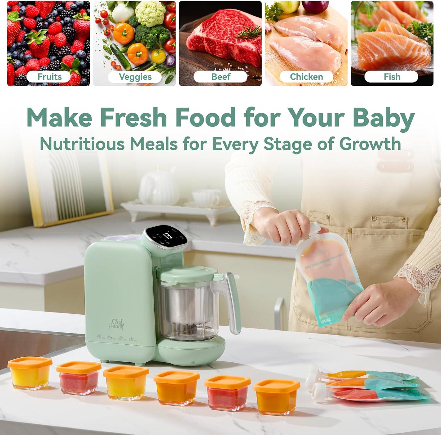 Chefhandy Baby Food Maker, 5 in 1 Baby Food Processor with Steaming Basket, Auto Cooking & Grinding, Touch Screen Control, Baby Steamer and Blender, Baby Food Puree Maker Warmer Mills Machine (Green)