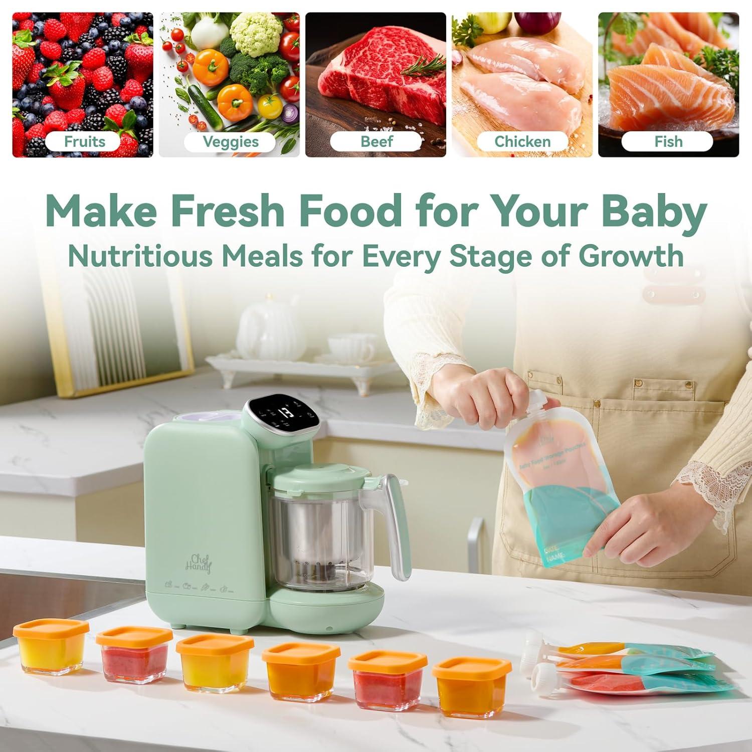 Chefhandy Baby Food Maker, 5 in 1 Baby Food Processor with Steaming Basket, Auto Cooking & Grinding, Touch Screen Control, Baby Steamer and Blender, Baby Food Puree Maker Warmer Mills Machine (Green)