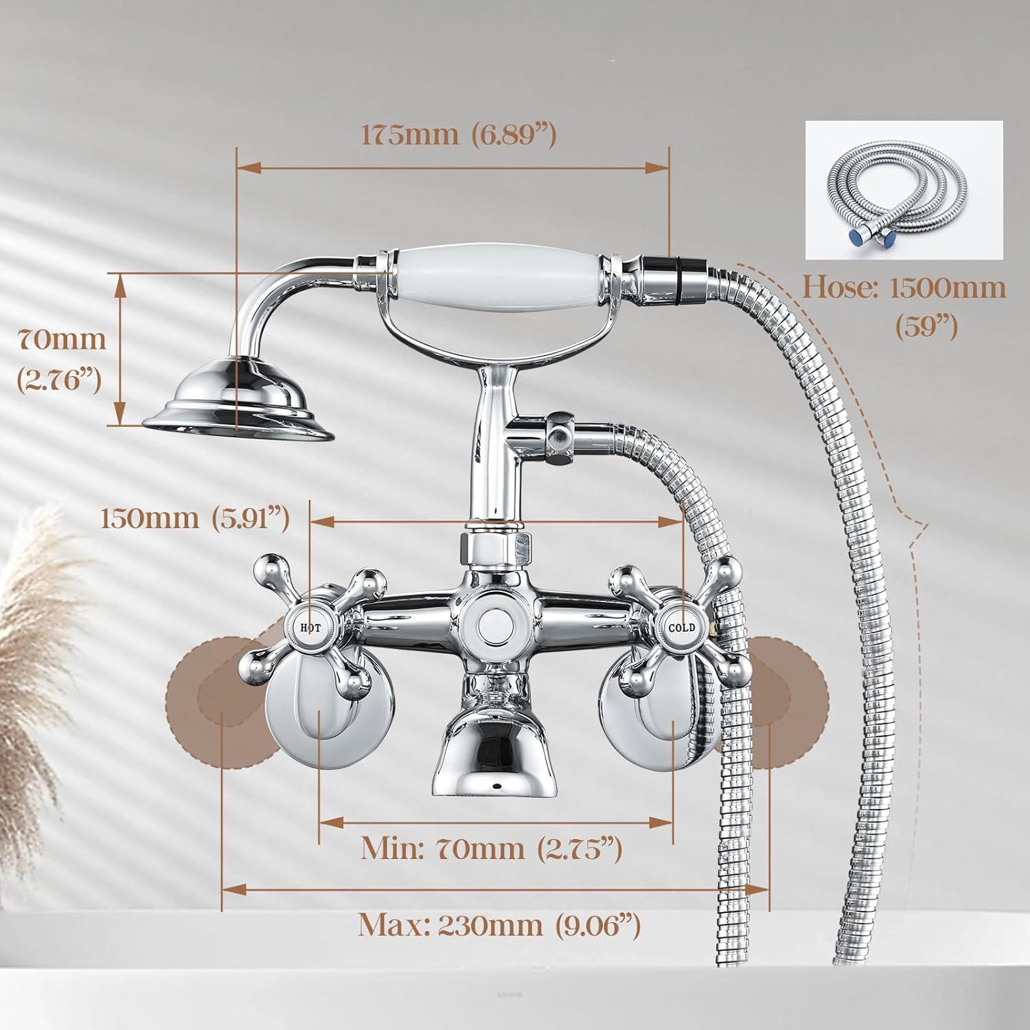 Wasserrhythm Clawfoot Tub Faucet and Shower Kit Chrome Wall Mount Tub Faucet G1/2 Vintage Tub Faucet Victorian Clawfoot Tub Faucet with Hand Shower Set Brass Double Cross Handle