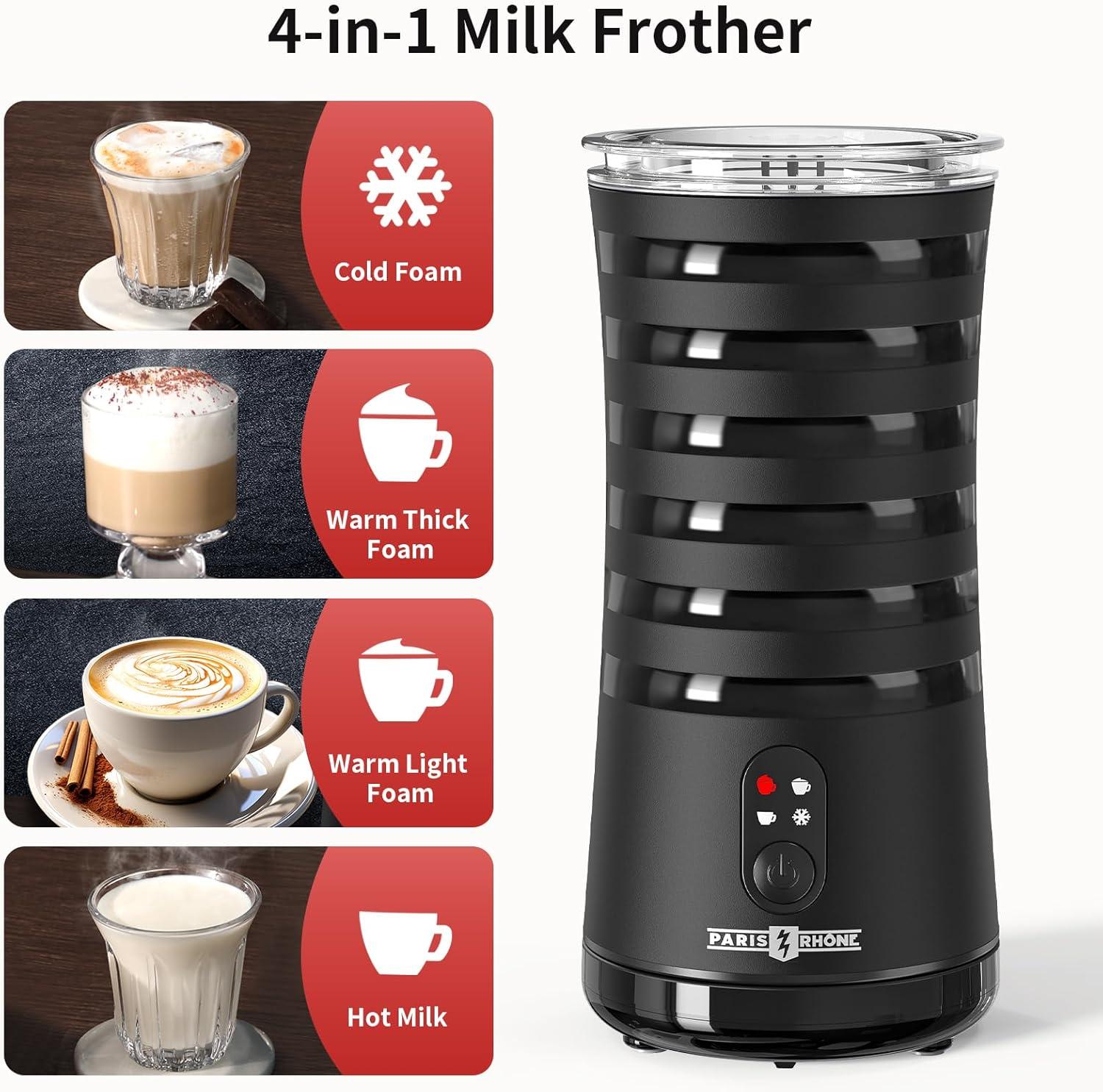 Paris-Rhône Milk Frother, Paris Rhône Milk Frother And Steamer For Hot And Cold Foam, 4-in-1 Electric Milk Frother For Coffee, Quiet Milk Steamer With Auto Shut Off, Milk Warmer For Latte, Cappuccino, Macchiato