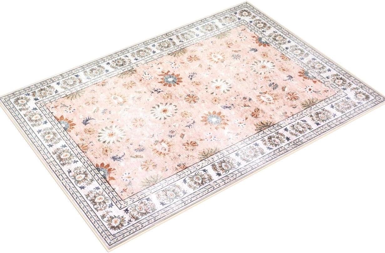 Hasoo Area Rug 5' x 7' Washable Modern Floral Rugs for Living Room Non-Slip Accent Carpet Pink