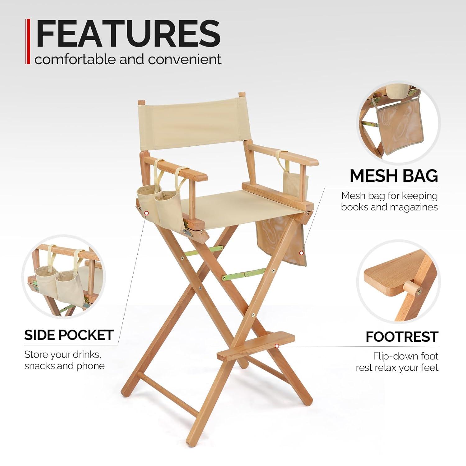 OmySalon Professional Folding Makeup Artist Chair - 31" Tall Heavy Duty Director Chair for Studio & On-The-Go Use | 250lbs Capacity, Apricot Canvas with Storage Bags, Footrest & Solid Hardwood Frame
