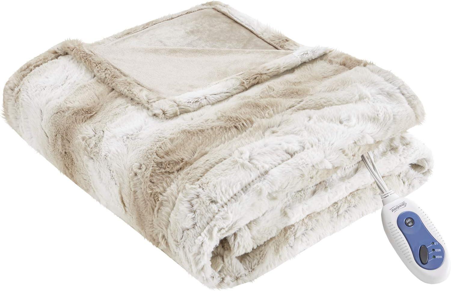 Sand Reversible Faux Fur Electric Heated Throw Blanket