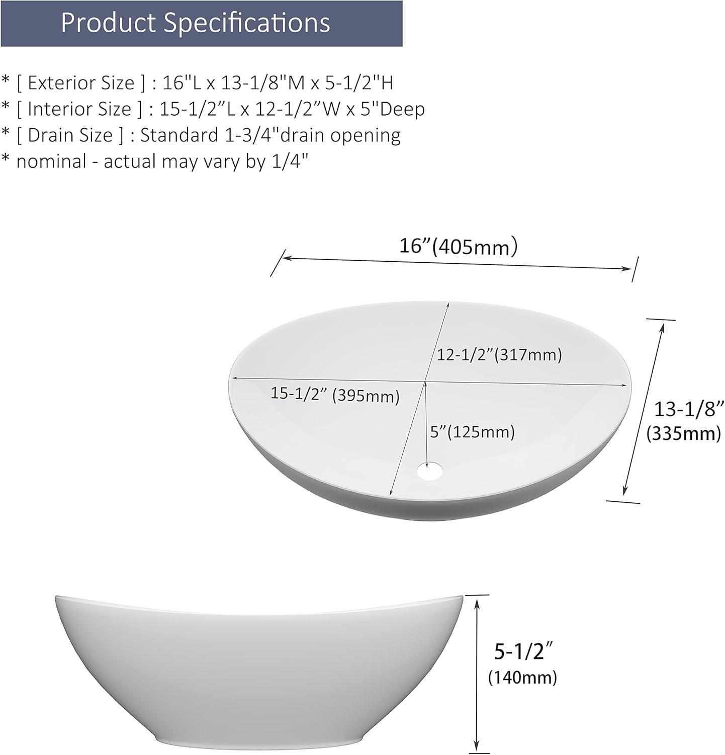 MEJE 16x13-inch Oval White Ceramic Vessel Sink,Modern Egg Shape Bowl, Above Counter Bathroom Vanity Sink
