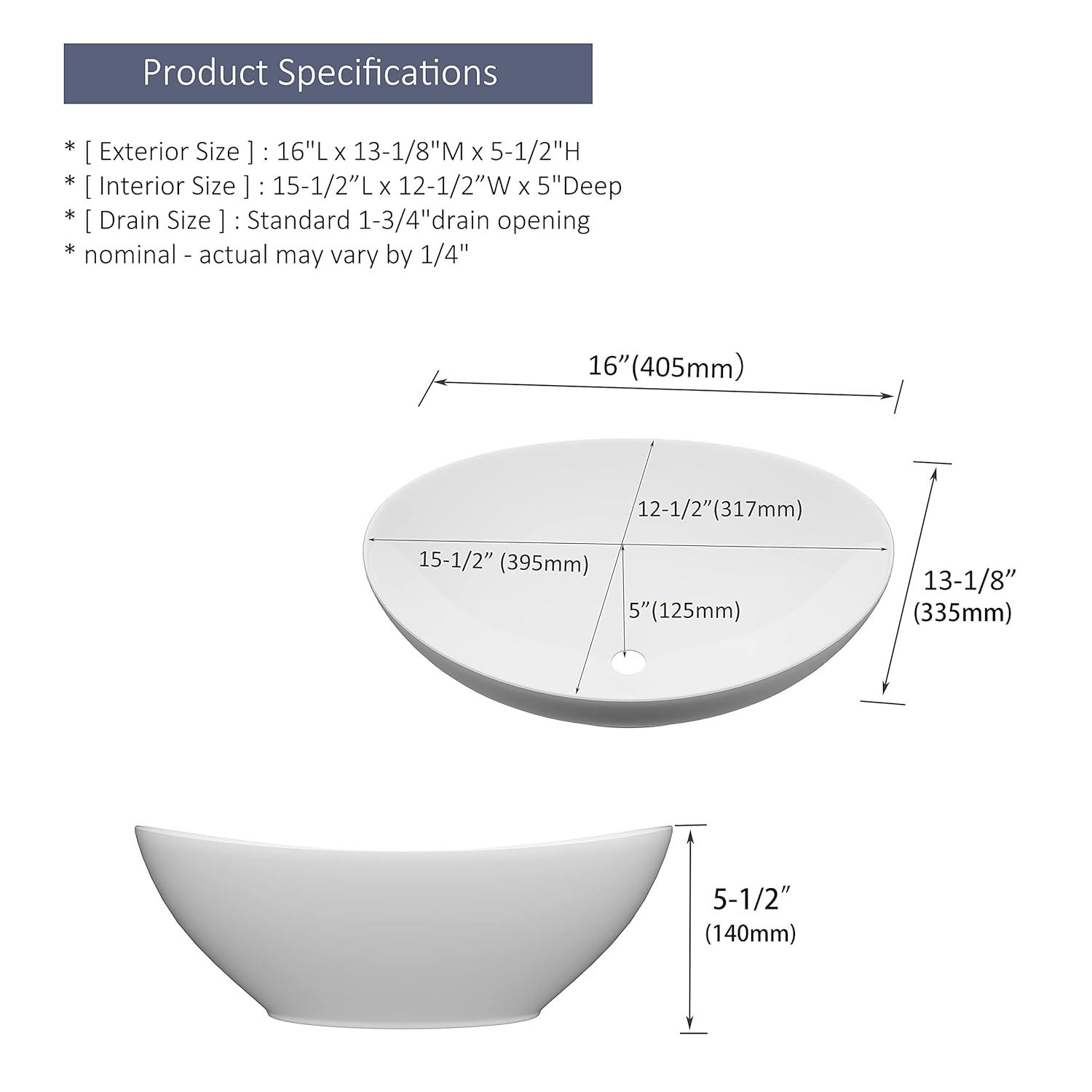 MEJE 16x13-inch Oval White Ceramic Vessel Sink,Modern Egg Shape Bowl, Above Counter Bathroom Vanity Sink