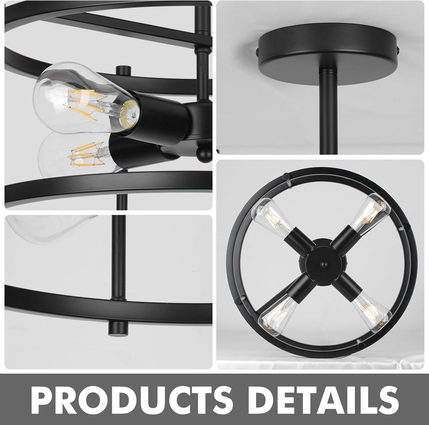 16.54'' Matte Black Metal Drum Semi-Flush Mount Ceiling Light