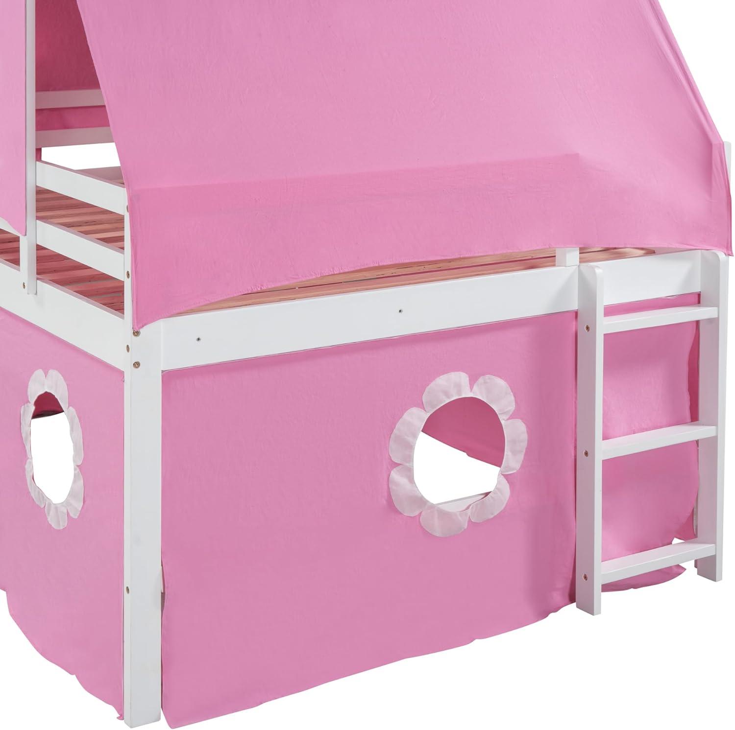 Polibi Full Size Castle Loft Bed with Slide & Pink Tent and Tower, Playhouse Design Spacious Under Bed Space with Curtains, Wood Tent Bed Frame for Kids Boys Girls