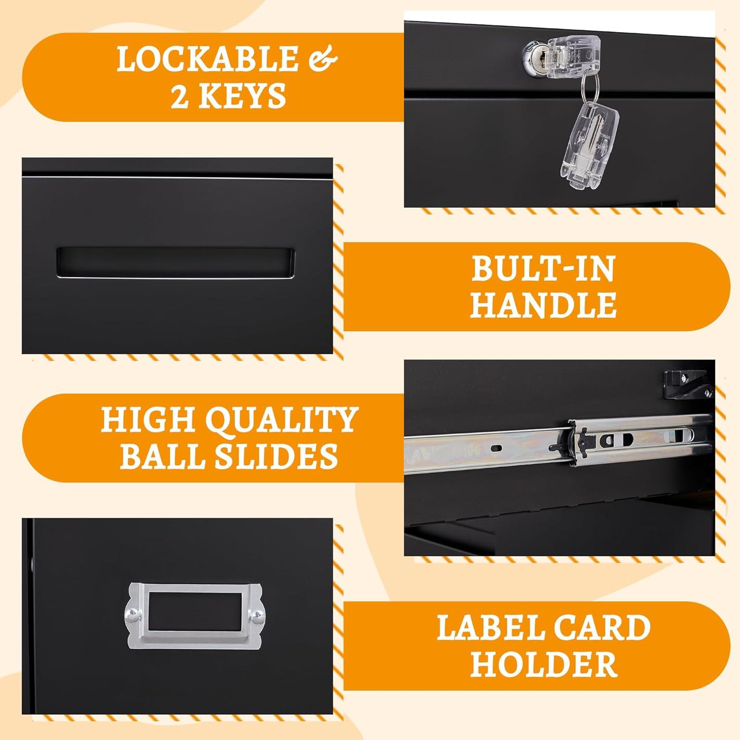 3 Drawer File Cabinet with Lock,Under Desk File Cabinet with Wheels,Black Rolling File Cabinet,Three Drawer Metal Filing Cabinet for Home Office,Fit A4/Letter/Legal File,Fully Assembled Except Casters
