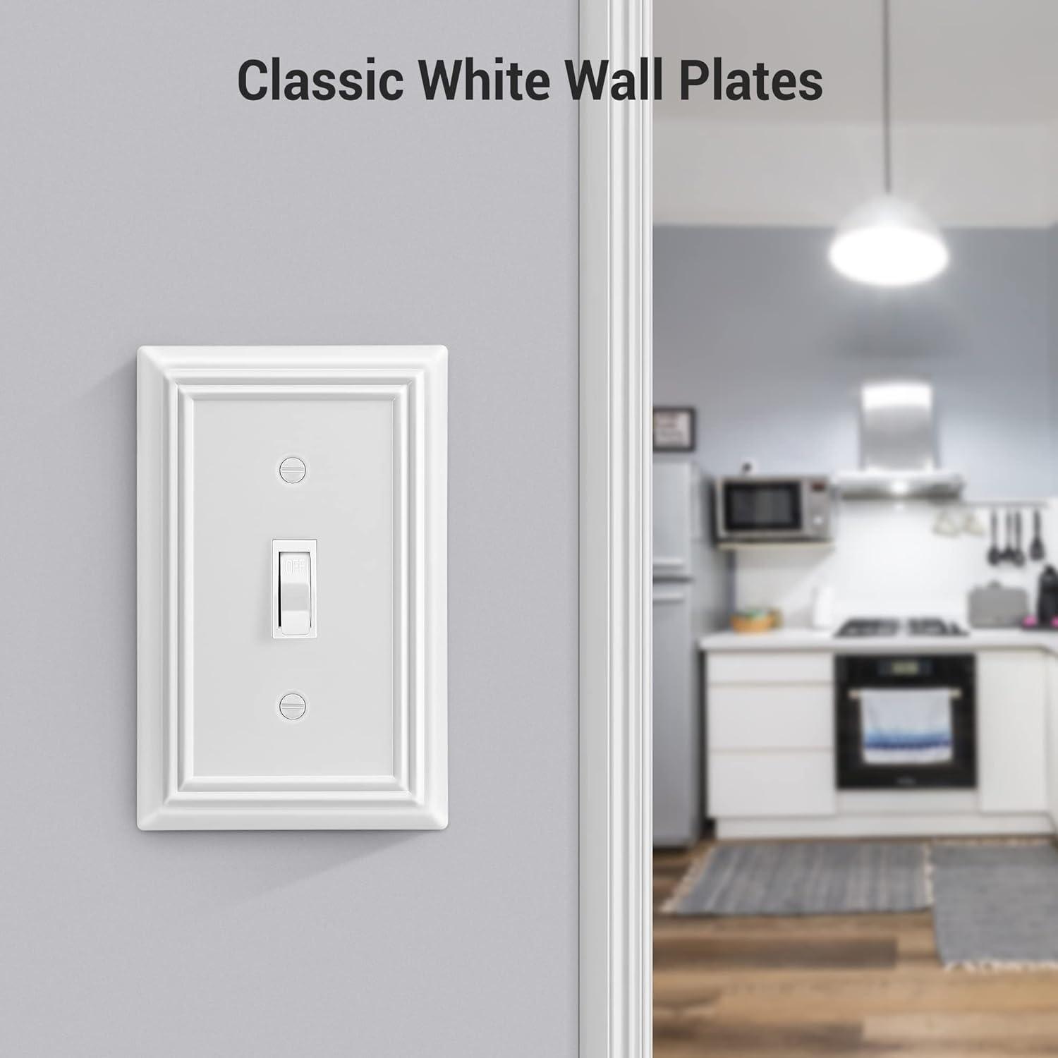 Modern Decorative Wall Plate Switch Plate Outlet Cover, Vintage Retro Wood Grain Design(Single Toggle-4 Pack, White)