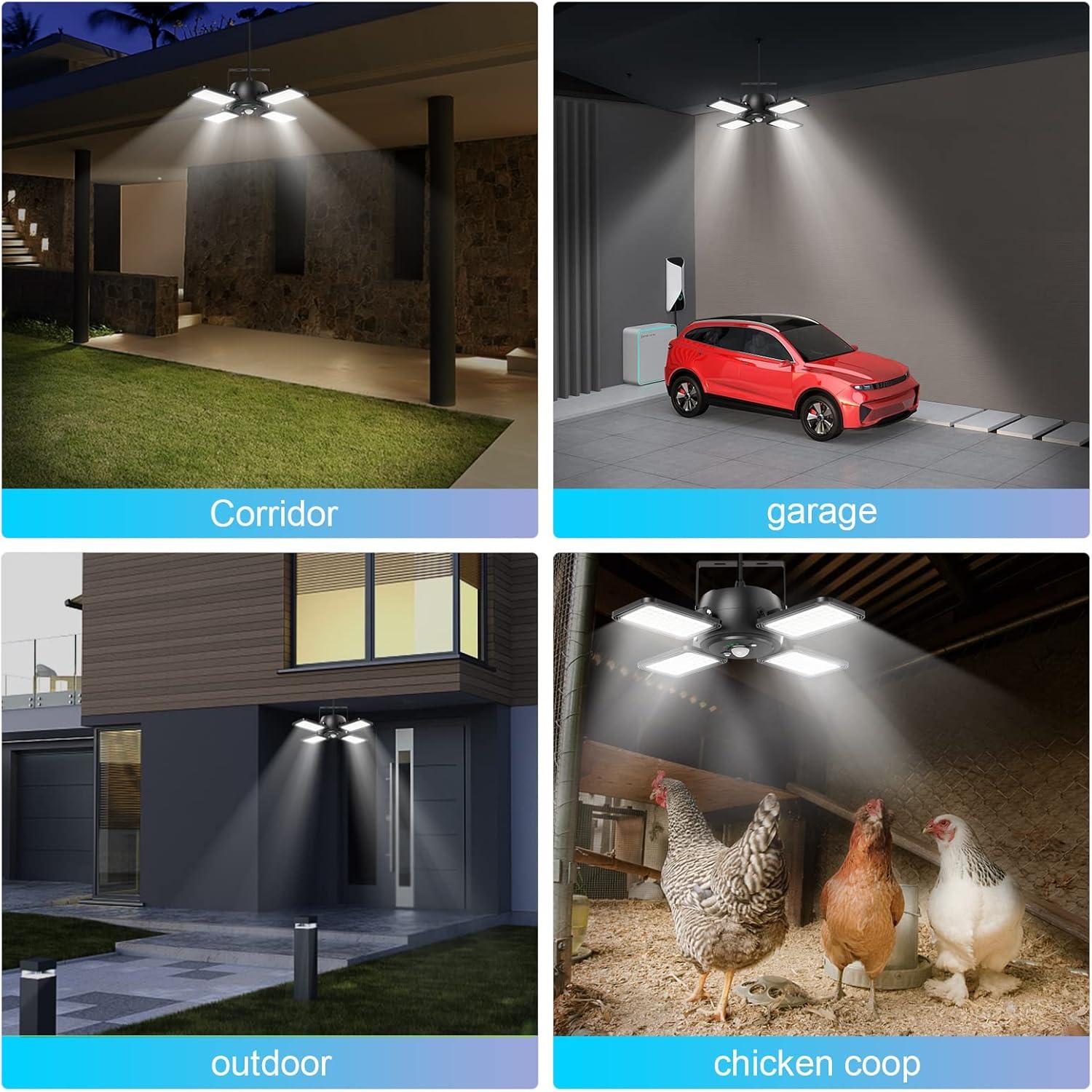 Solar Shed Light Outdoor Indoor Solar Powered Motion Sensor Pendant Light,144LED 1200LM Daytime Work with 5 Modes & Remote Control 4 Heads IP65 Waterproof for Garage Barn Shop 2 Pack