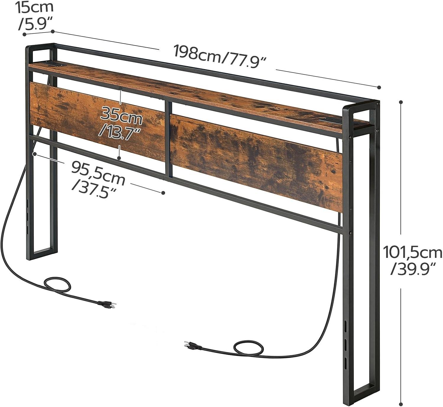 King Black Iron Headboard with Storage and Charging Station