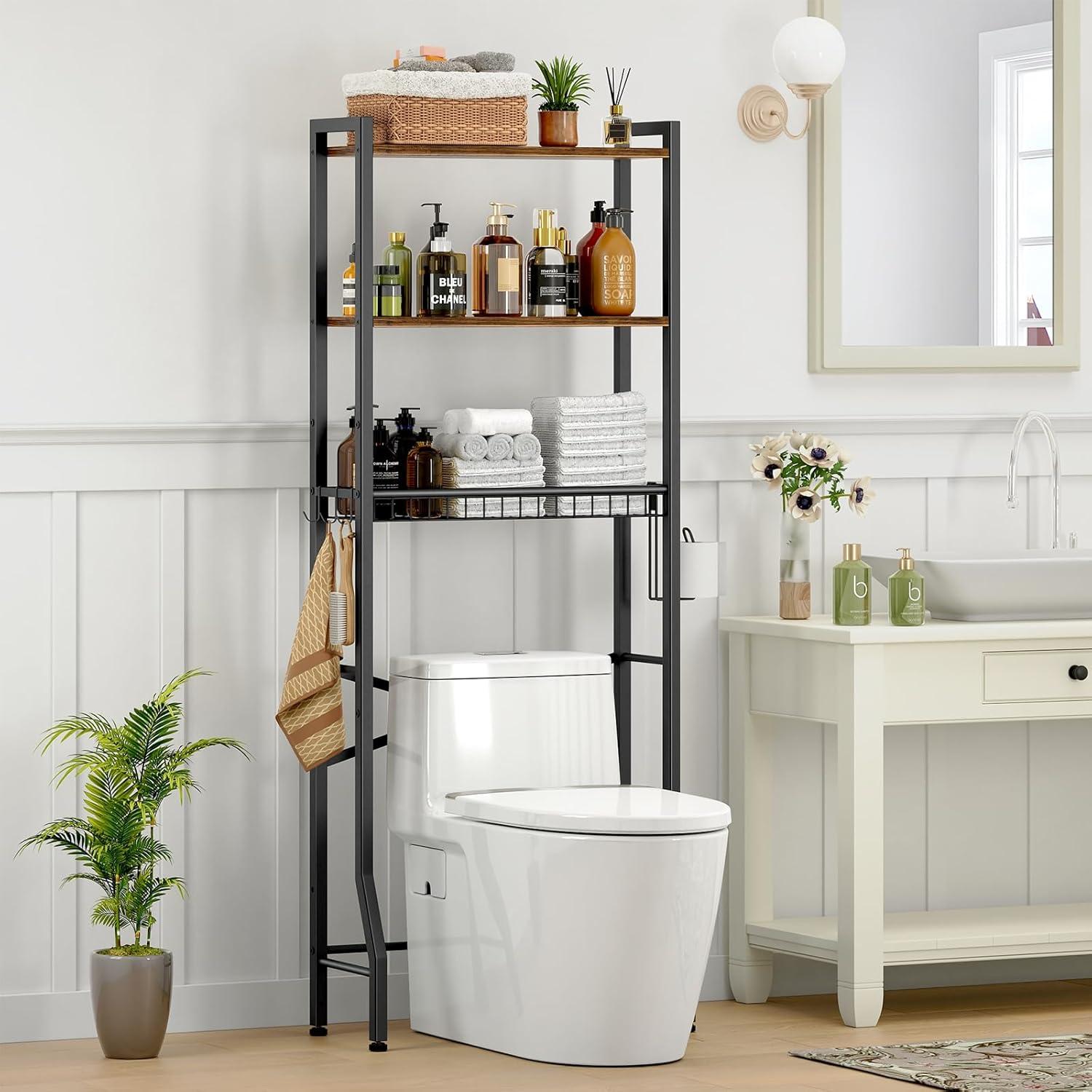 Rustic Brown 3-Tier Over-The-Toilet Storage Rack with Basket