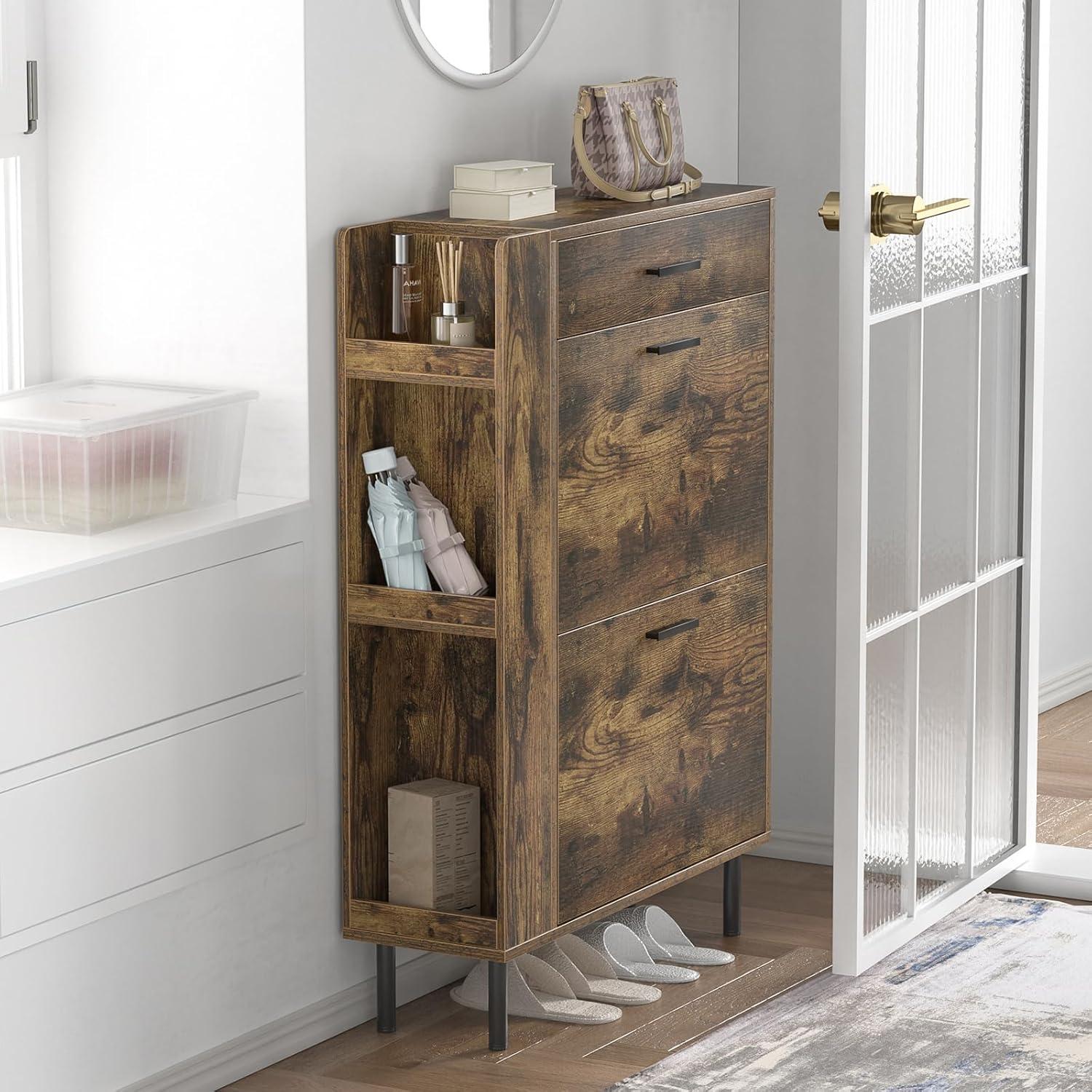 Shoe Cabinet Storage for Entryway  Freestanding Slim Shoe Organizer Cabinet with 2 Flip Drawers  Narrow Shoe Rack with Open Shelves for Hallway  Living Room  White