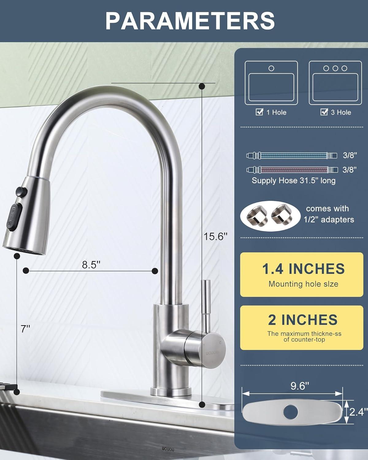 Kitchen Faucet with Air Gap: WOWOW Stainless Steel Kitchen Sink Faucet and Dishwasher Air Gap Kits for Kitchen Sink 2 or 4 Hole, Brushed Nickel Finish