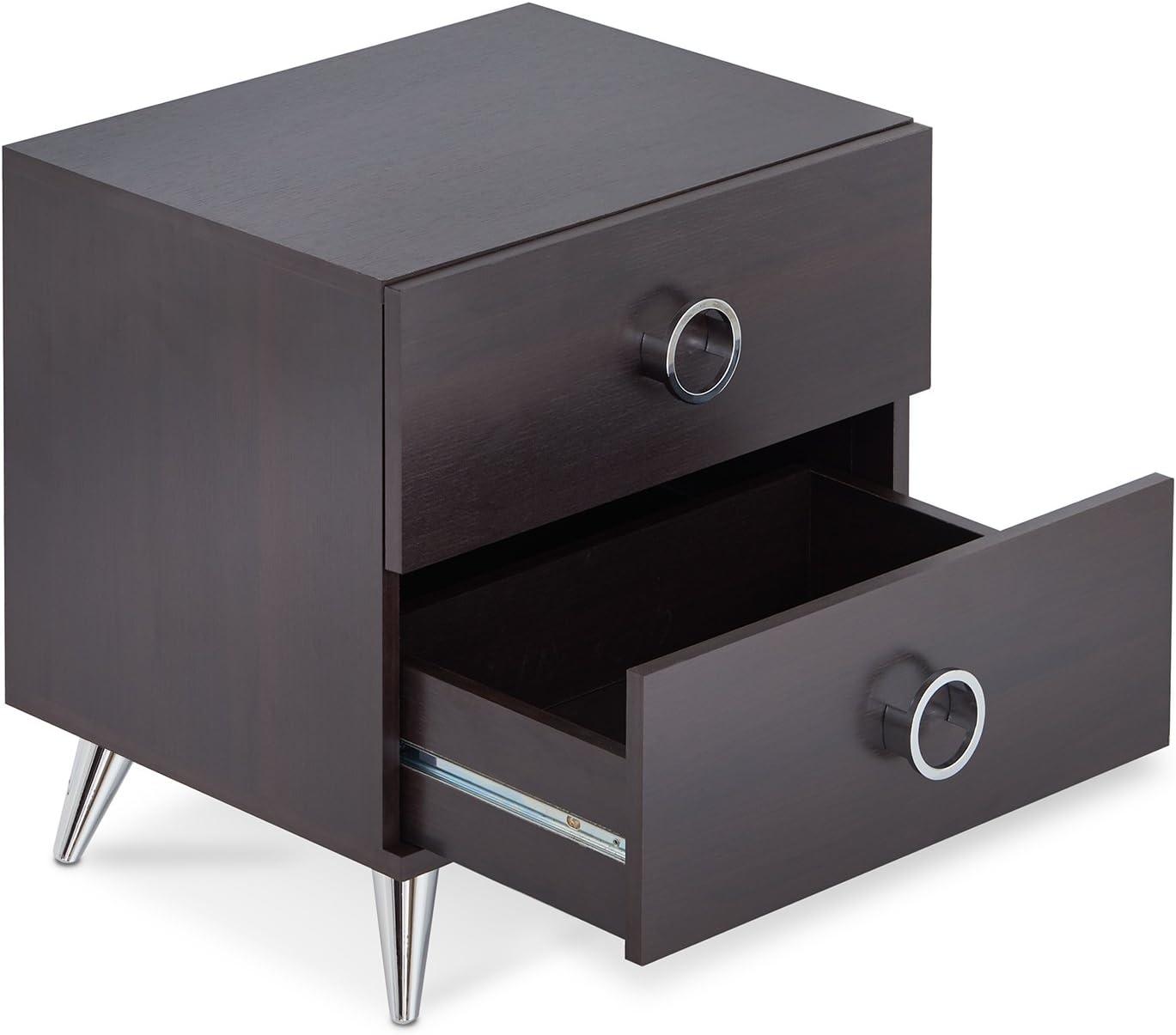 Elms Espresso 2-Drawer Nightstand with Chrome Accents