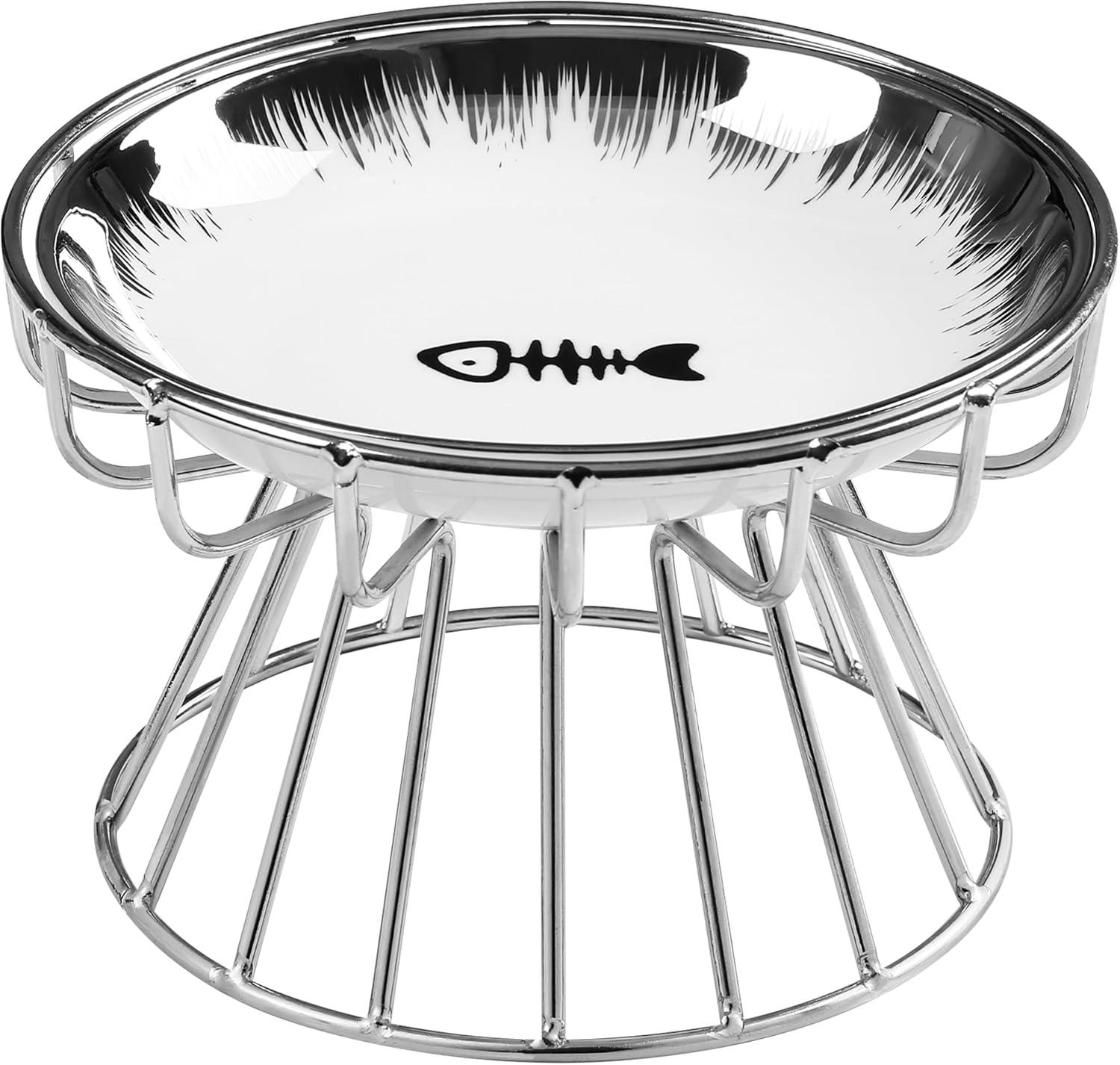 Cat Bowls, Elevated Cat Bowl, Raised Ceramic Dish with Metal Stand, Pet Water or Food Feeding Station for Indoor Cats, Kitten, Puppies and Small Dogs, Dishwasher Safe