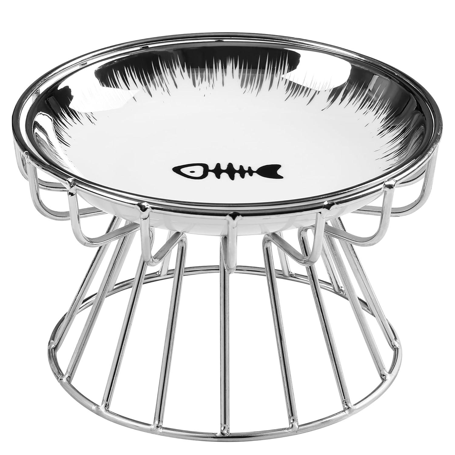 Cat Bowls, Elevated Cat Bowl, Raised Ceramic Dish with Metal Stand, Pet Water or Food Feeding Station for Indoor Cats, Kitten, Puppies and Small Dogs, Dishwasher Safe