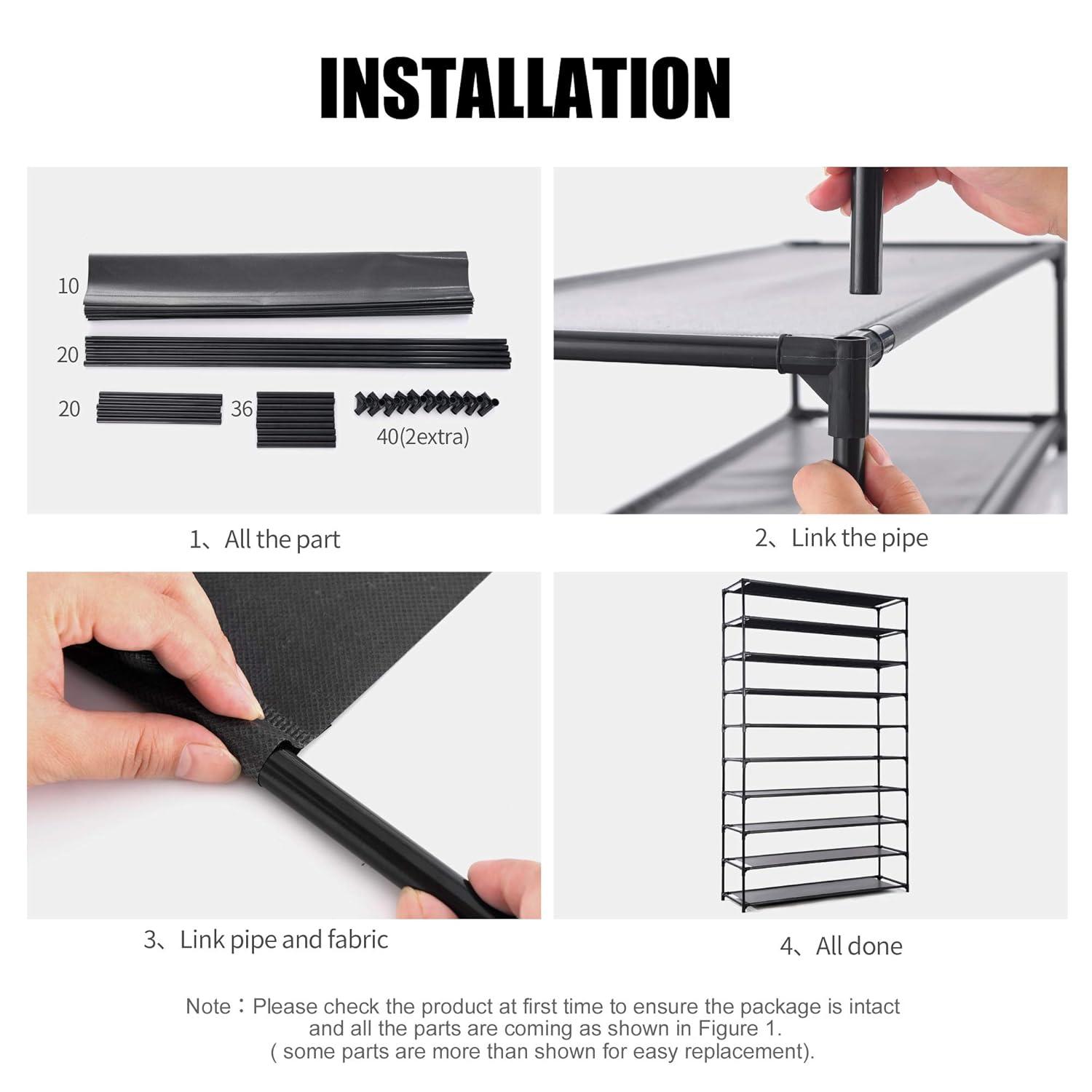 UBesGoo 10 Tiers Shoe Rack Shoe Shelf Free Standing 50 Pairs Shoe Tower Stand Space Saving Storage Organizer for Closet Entryway Bedroom Dorm Black