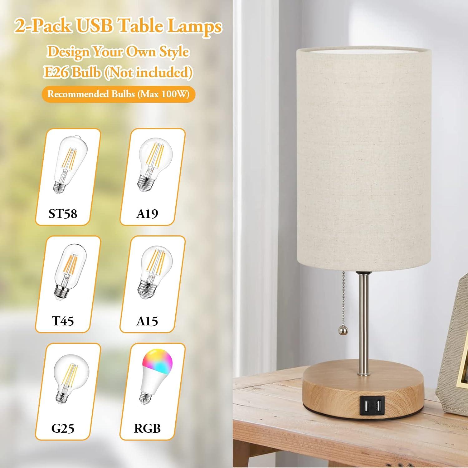 Lakumu Set of 2 Table Lamps with 2 USB Ports, Modern Bedside, Desk Lamps with Pull Chain, Nightstand Lamps with Cream Fabric Shade and Oak Metal Base for Living Room Bedroom Office Reading Dorm Hotel