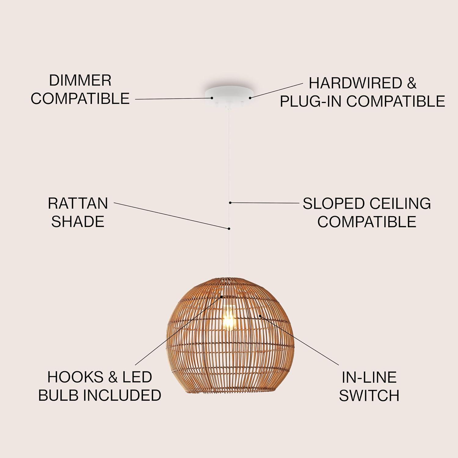 Raya 19" 1-Light Farmhouse Coastal Rattan 180" Cord Plug-In or Hardwired LED Pendant, Brown