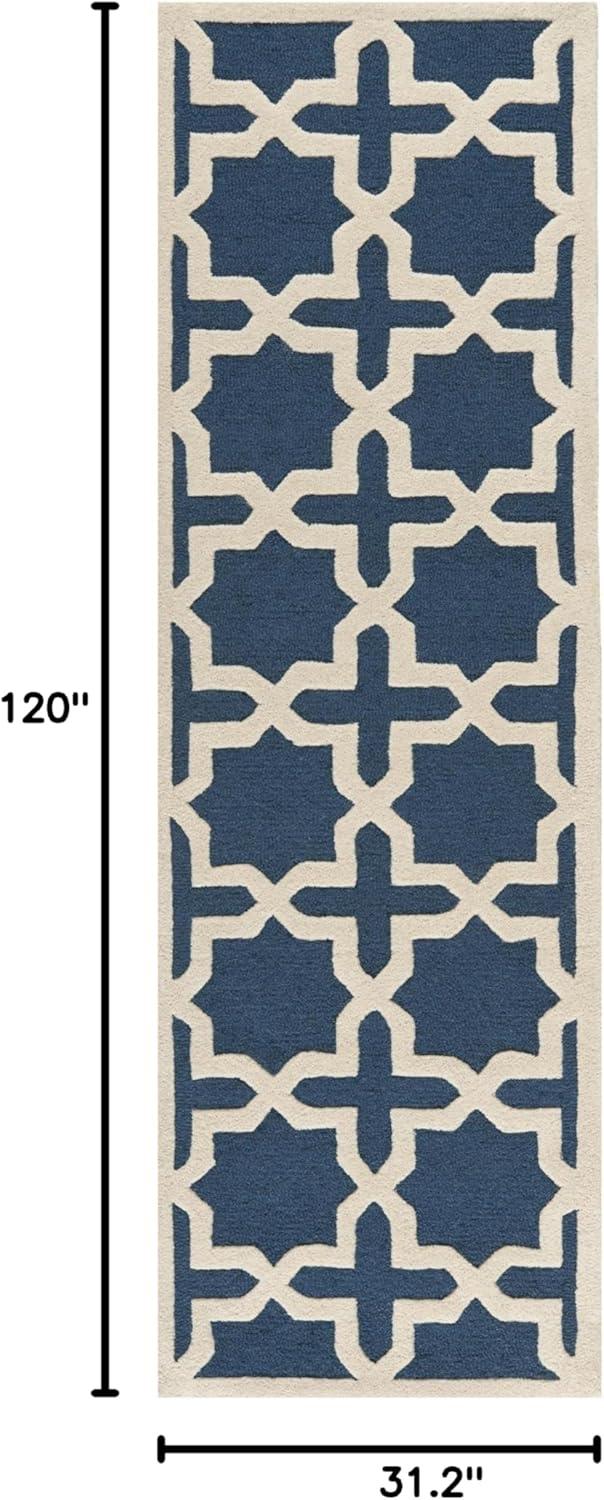 Navy Blue and Ivory Hand-Tufted Wool Runner Rug