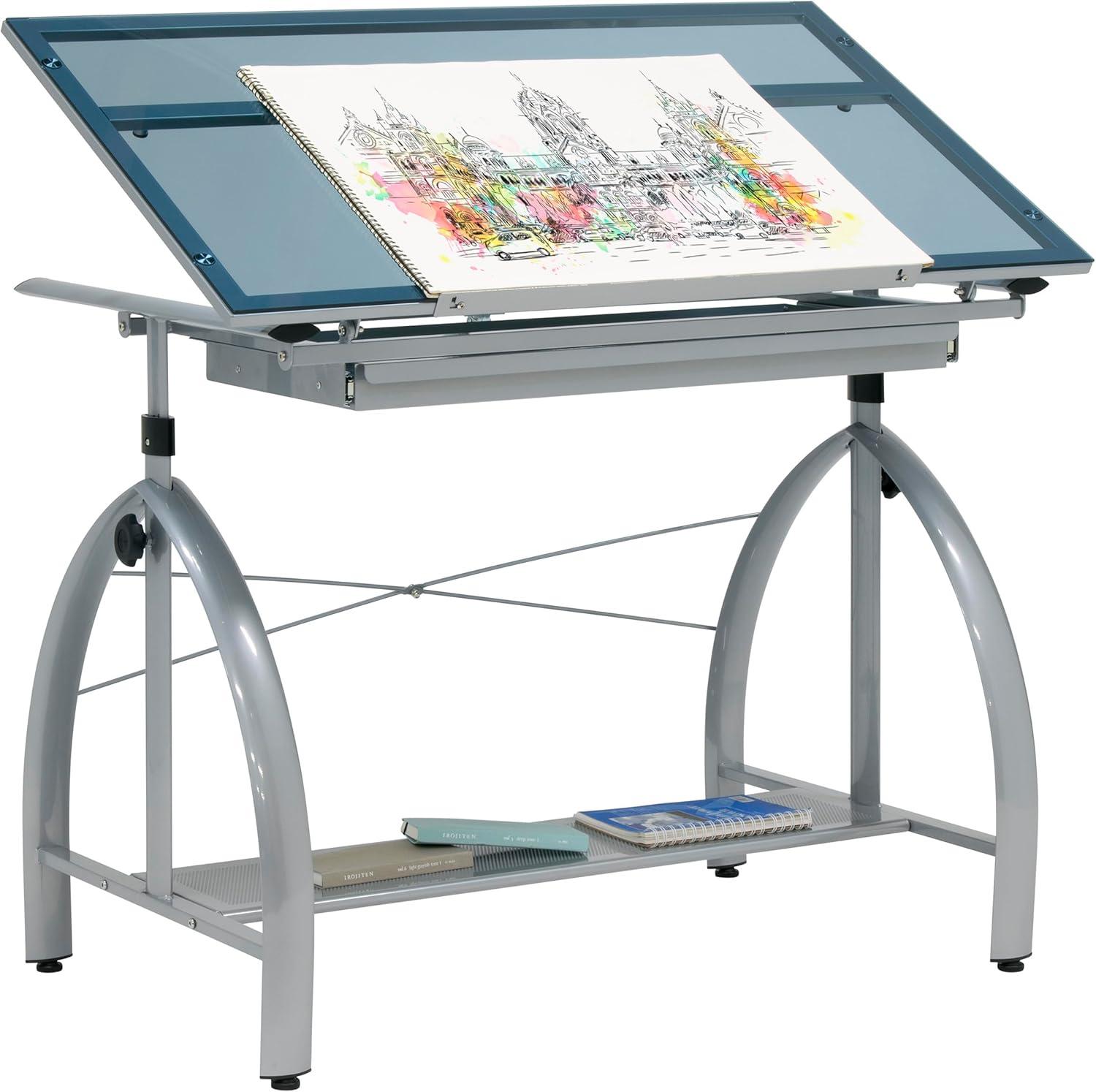 Avanta 42'' Silver Steel Drafting Table with Blue Glass Top