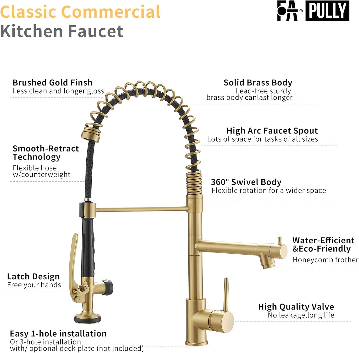 Contemporary Kitchen Sink Faucet, Single Handle Brass Spring Kitchen Faucet with Pull Down Sprayer, Rotatable Pull-Out Kitchen Mixer Tap, Brushed Gold