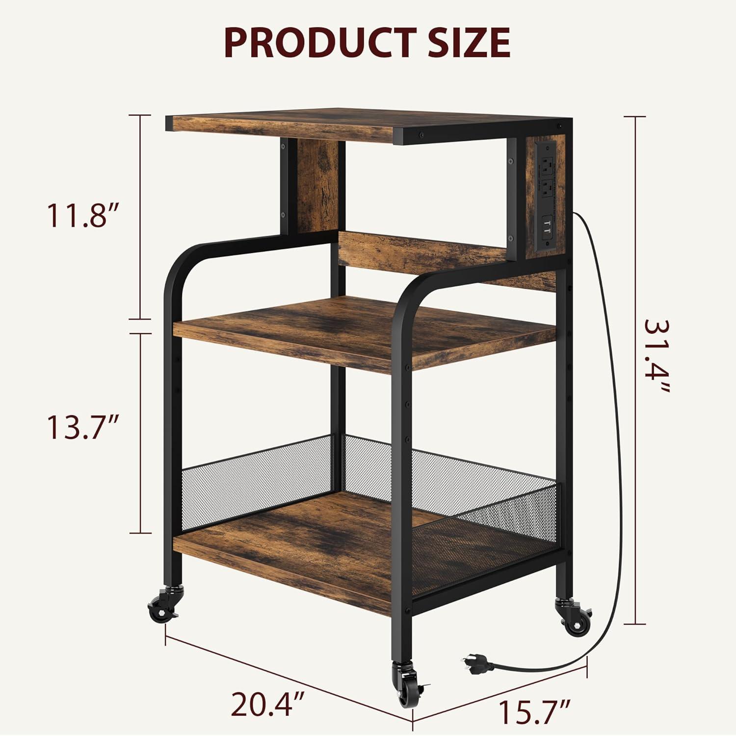 Danolapsi Printer Stand with Storage Shelf,Printer Cart Large Printer Table with USB Charging Ports and Power Outlets,3 Tier Printer Stand with Storage and Wheels,Metal Frames & Wooden Laminate Shelve