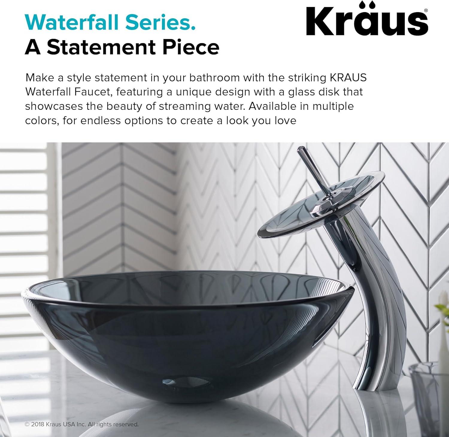 KRAUS Tall Waterfall Bathroom Faucet for Vessel Sink with Frosted Black Glass Disk, Satin Nickel Finish