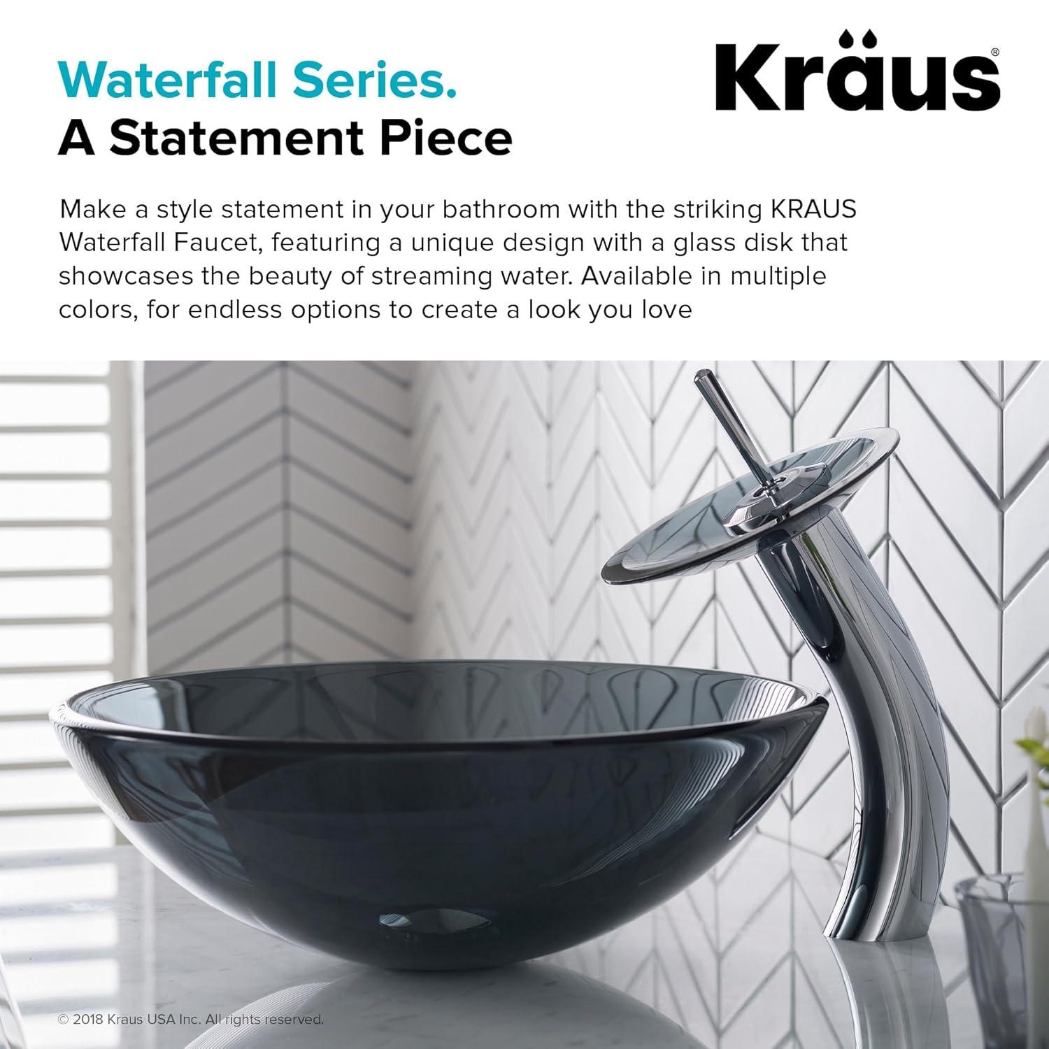 KRAUS Tall Waterfall Bathroom Faucet for Vessel Sink with Frosted Black Glass Disk, Satin Nickel Finish