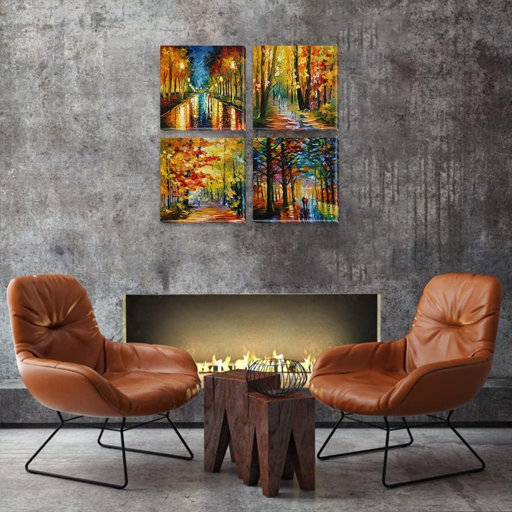 JEUXUS Colorful Landscape Oil Painting Wall Art Canvas Paintings Abstract Texture Rainbow Trees with Walking People Prints Pictures 4 Pieces Living Room Bedroom Artwork 16x16in