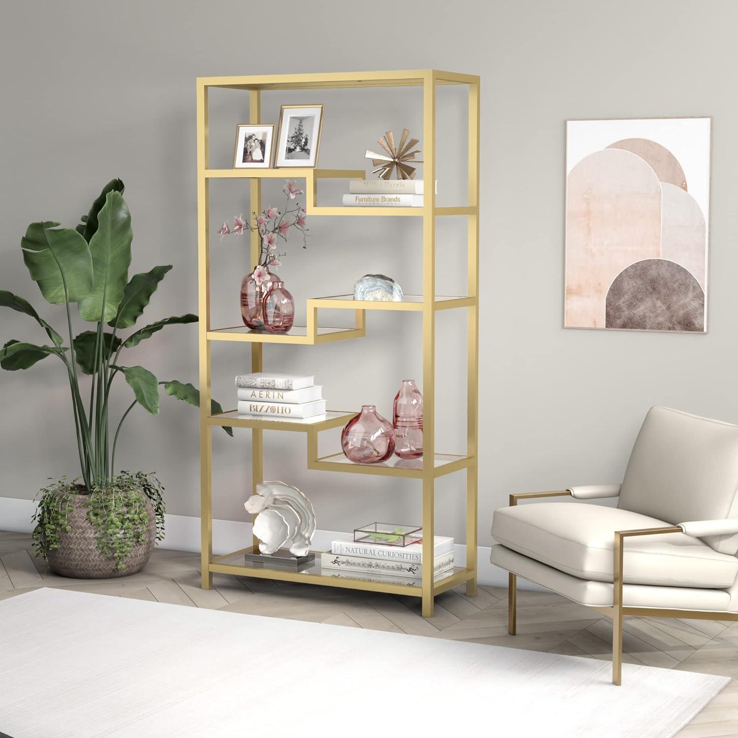 Contemporary 68'' Brass Metal and Tempered Glass 4-Tier Bookcase