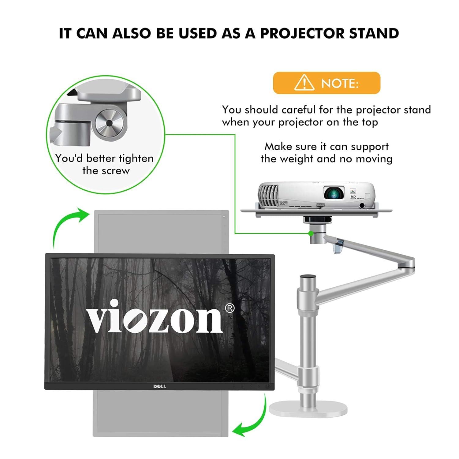 Viozon Monitor and Laptop Mount, 2-in-1 Adjustable Dual Arm Desk Mounts Single Desk Arm Stand/Holder for 17 to 32 Inch LCD Computer Screens, Extra Tray Fits 12 to 17 inch Laptops (Silver)