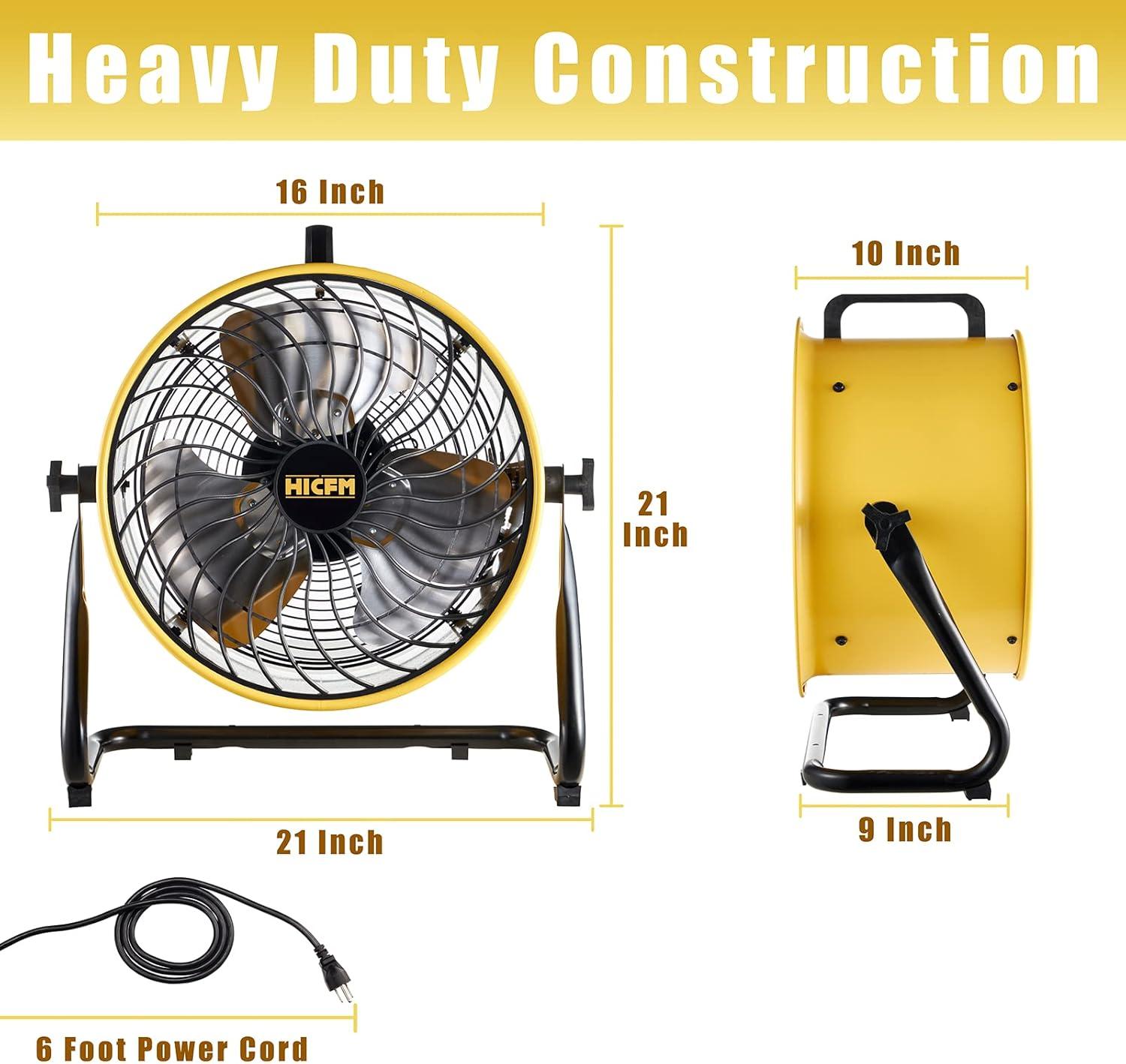 HiCFM 16" High-velocity Drum Air Circulator Fan 2800 CFM Large Airflow Turbo Shop Floor Fan with 360-degree Pivoting Head, 3-speed 1/4 HP Motor