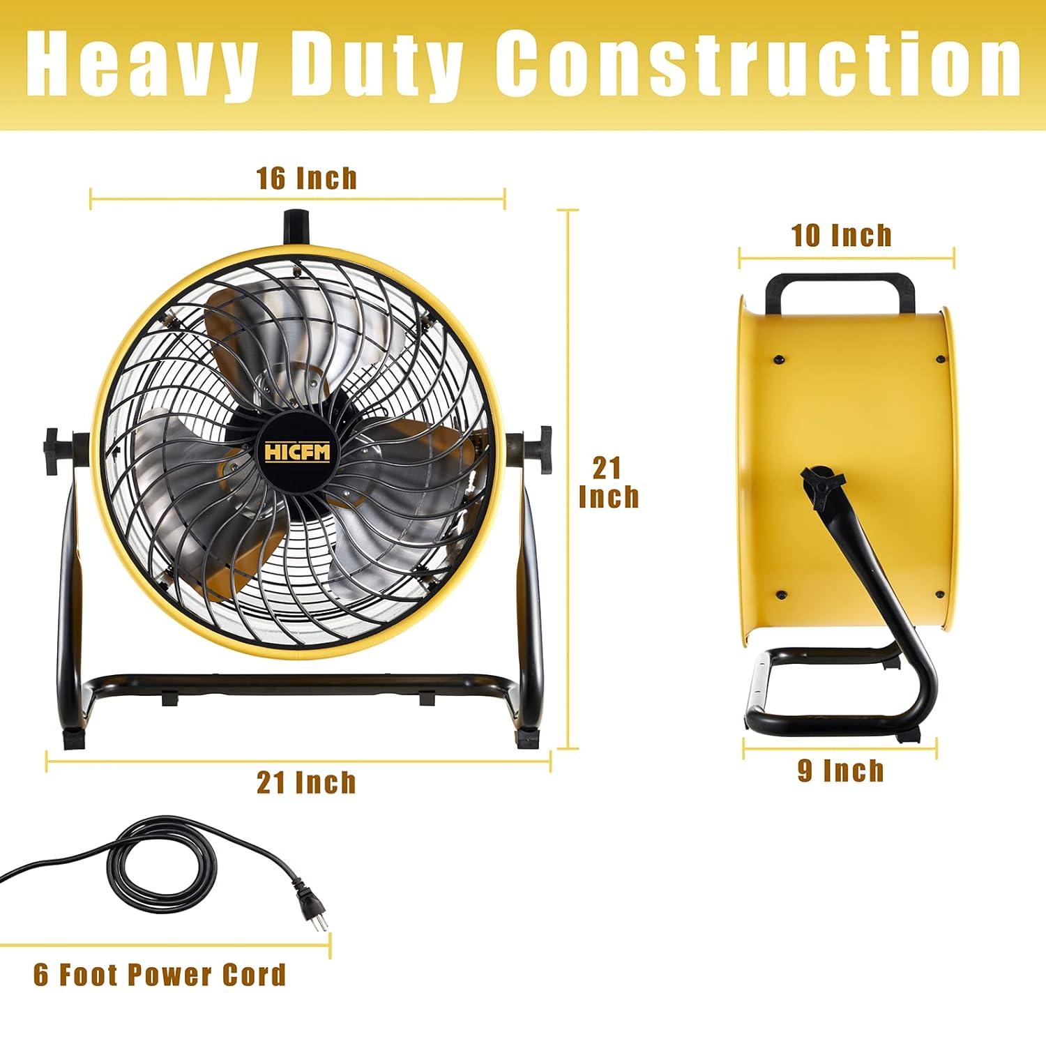 HiCFM 16" High-velocity Drum Air Circulator Fan 2800 CFM Large Airflow Turbo Shop Floor Fan with 360-degree Pivoting Head, 3-speed 1/4 HP Motor