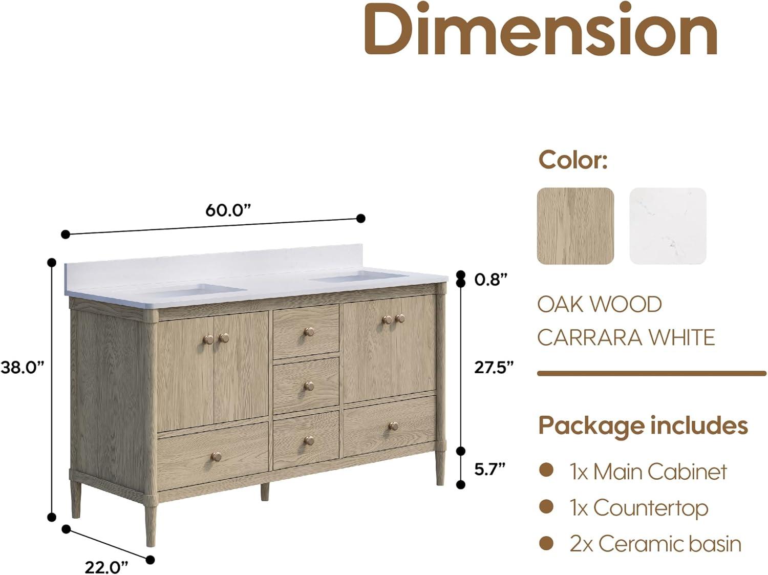 Wellfor 60 Inch Bathroom Vanity with Double Sinks, Freestanding Solid Wood Barhroom Sink vanity, Carrera White Marble Countertop, Bathroom Vanity Storage Organizer with 4 Doors and 5 Drawers, Oak Wood