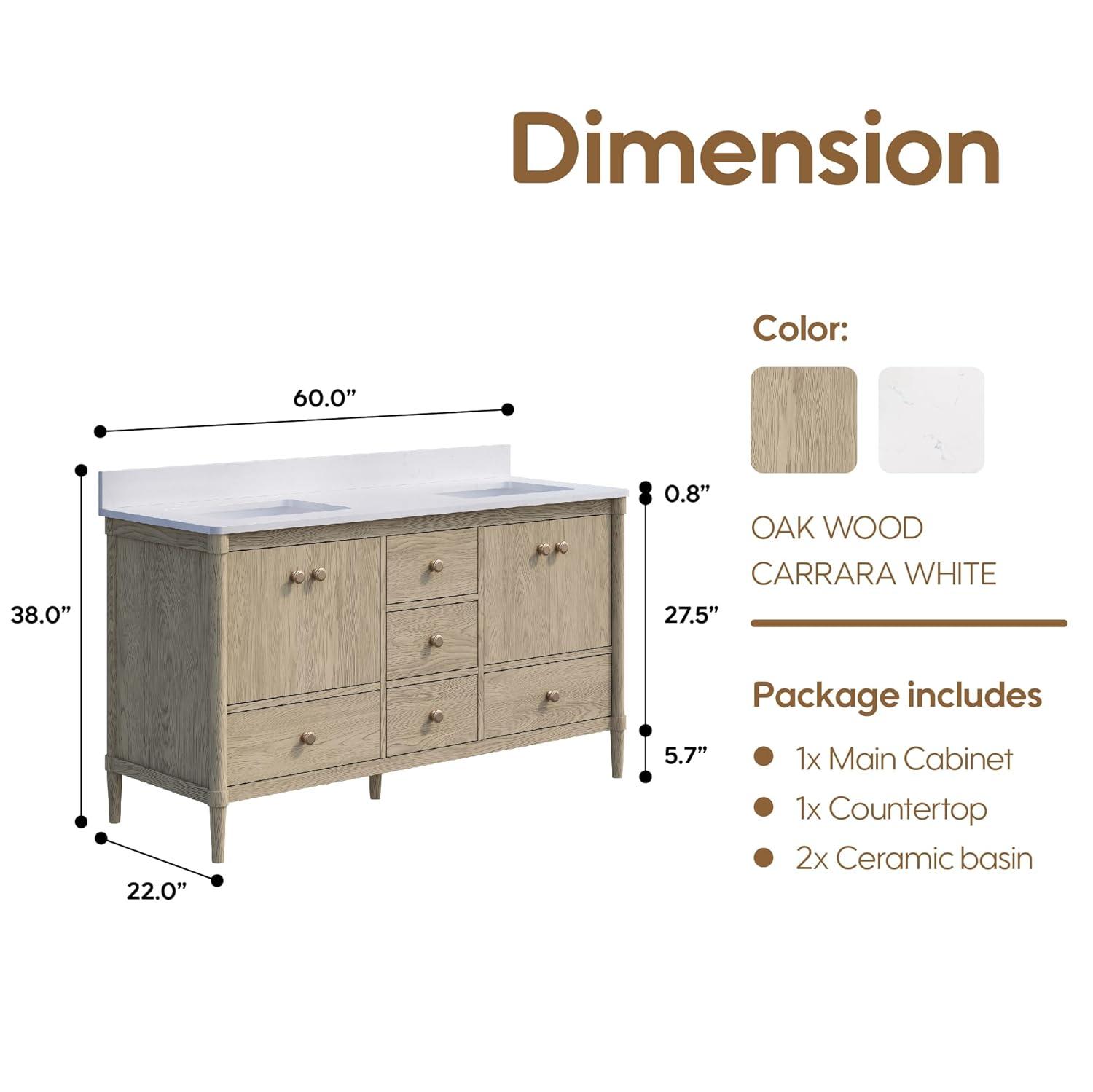 Wellfor 60 Inch Bathroom Vanity with Double Sinks, Freestanding Solid Wood Barhroom Sink vanity, Carrera White Marble Countertop, Bathroom Vanity Storage Organizer with 4 Doors and 5 Drawers, Oak Wood