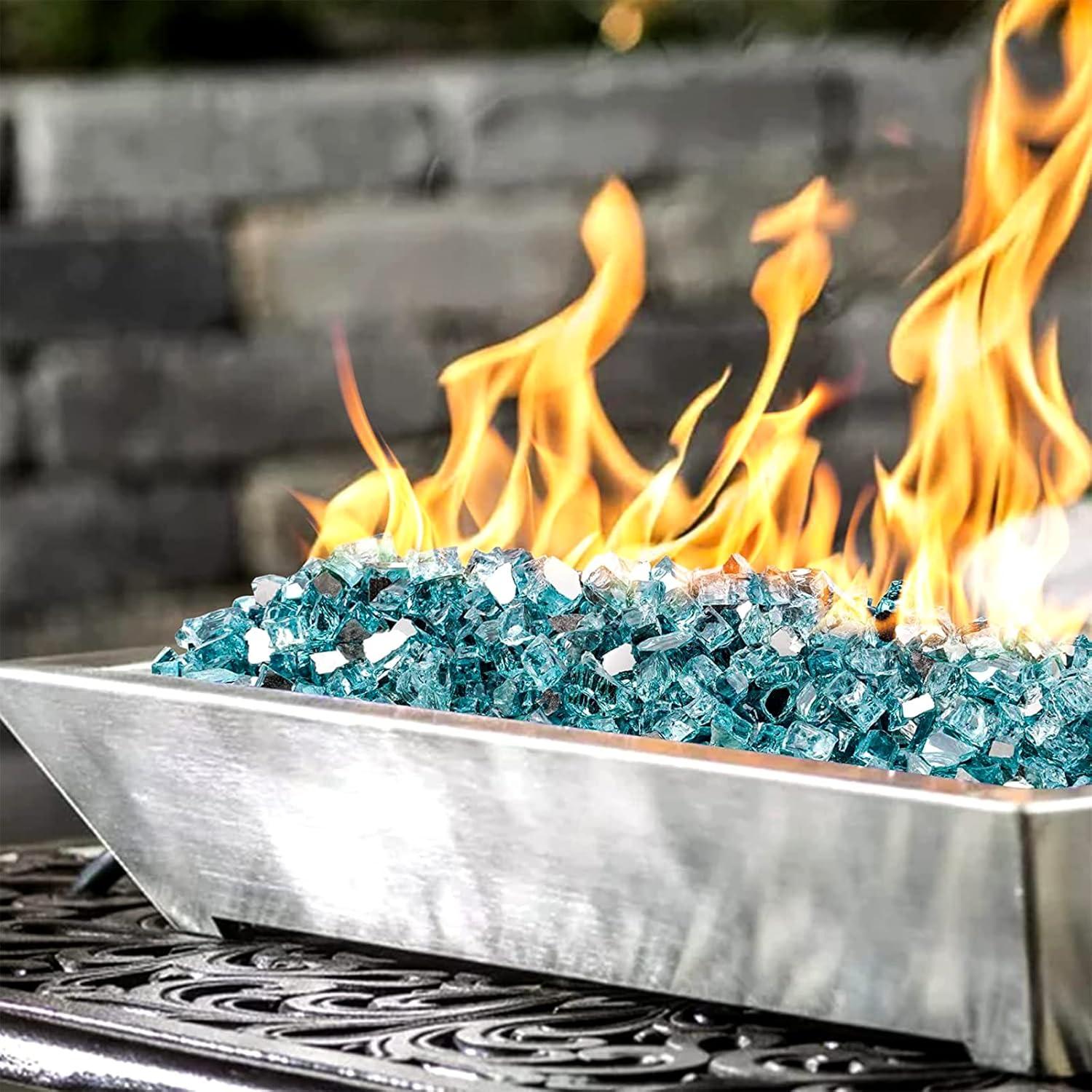 Only Fire 1/4" Aqua Blue Reflective Fire Glass Rocks, 10 lb, Decorate your garden, backyard, fish tank