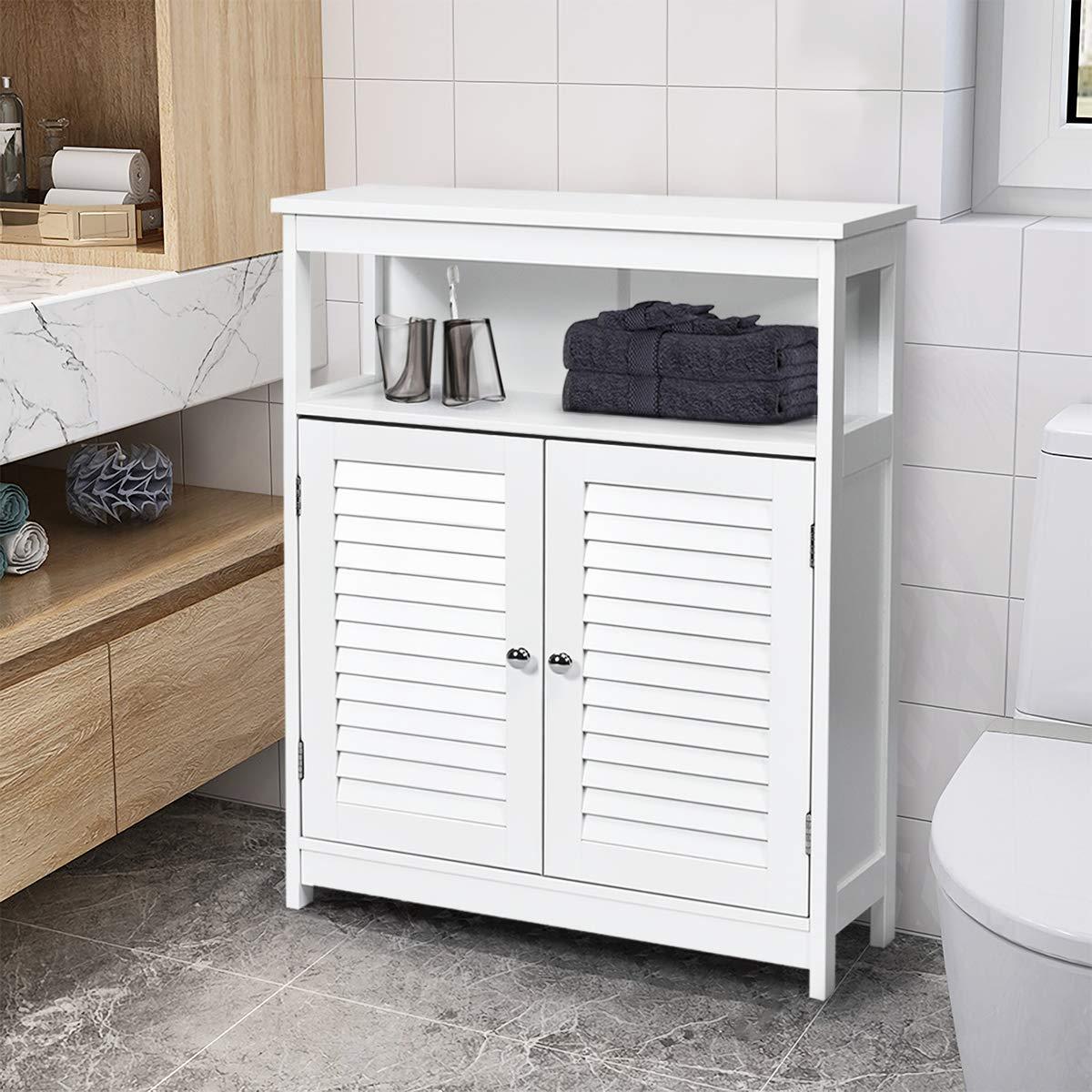 VASAGLE Bathroom Floor Cabinet, Bathroom Storage Cabinet, Freestanding, with Double Shutter Doors and Adjustable Shelf, White