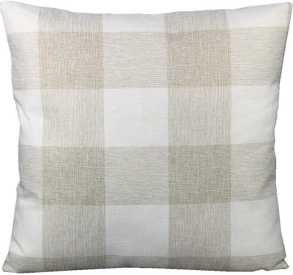 Jiuhong Cotton Linen Throw Pillow Covers Farmhouse Decor Checkers Plaids Square Cushion Case Home Decorative for Sofa Bedroom Car, 2 Pack (Beige, 18 x 18 Inch)