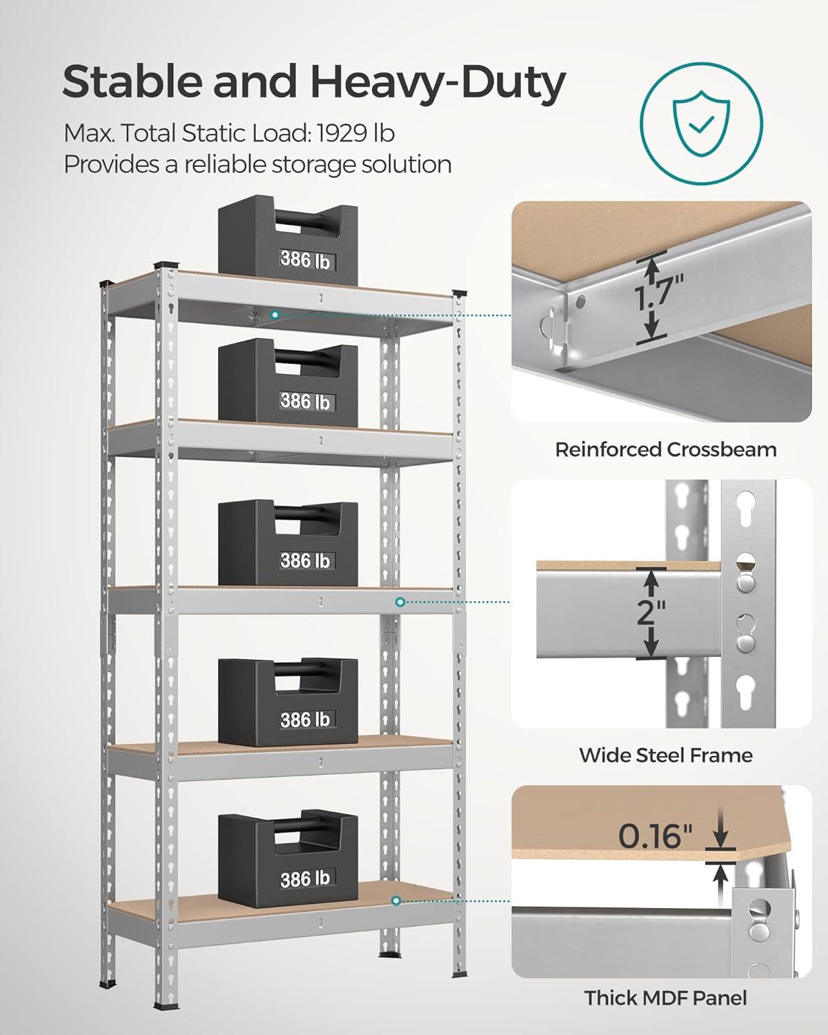 SONGMICS 5-Tier Storage Shelves Metal Garage Storage Boltless Assembly Adjustable Shelving Unit 11.8 x 29.5 x 59.1 inches Load 1929 lb for Shed Warehouse Basement Kitchen Silver
