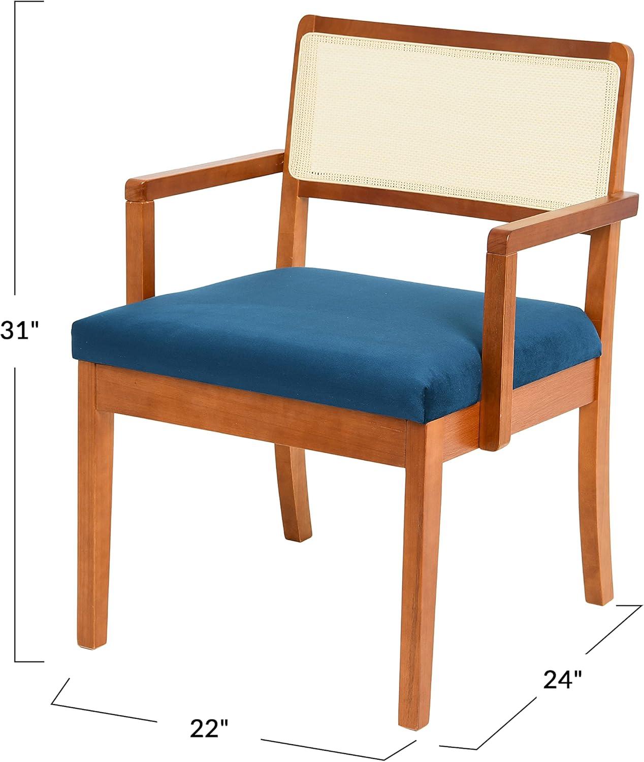 Creative Co-Op Crawford Mid-Century Modern Eucalyptus Wood Arm Chair W/ Cane Back and Velvet Upholstered Seat Cushion,Dark Blue