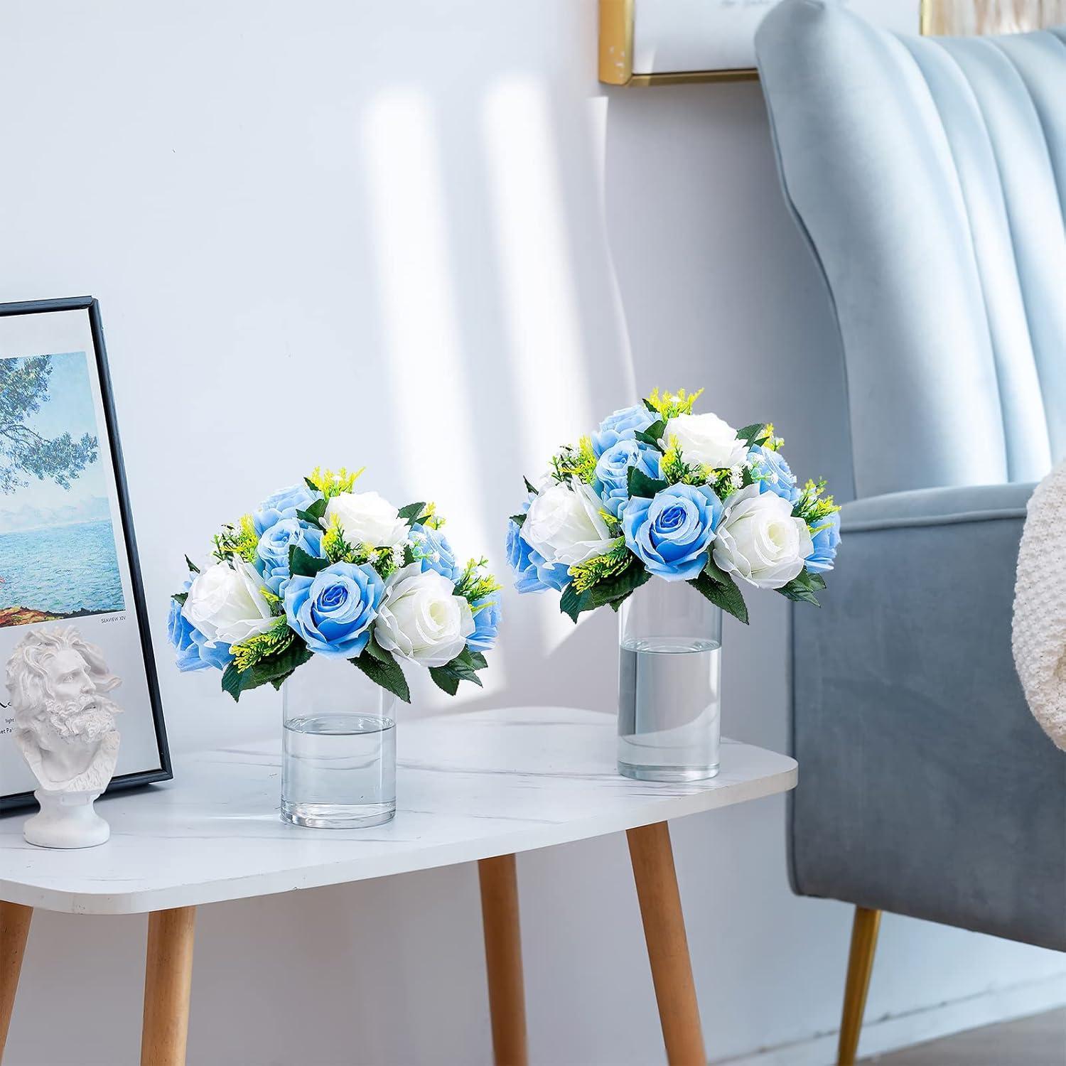 Nuptio Set of 2 Blue&White Artificial Flower Kissing ball, 15 Heads Fake Peony Silk Rose Flowers Bouquet for Centerpiece Wedding Birthday Party Home Table Decor