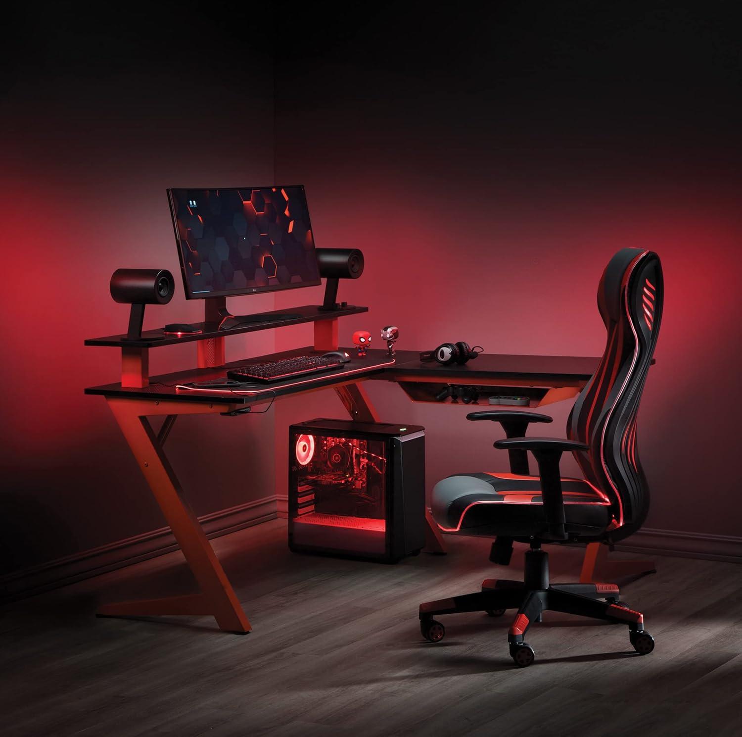 Black L-Shape Gaming Desk with Integrated Power Outlet, USB, and Headphone Hook